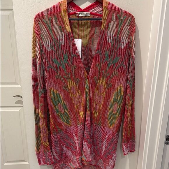 Aldo Martins Tropical Red and Yellow Cardigan Sweater V-Neck size 10 - Picture 1 of 8